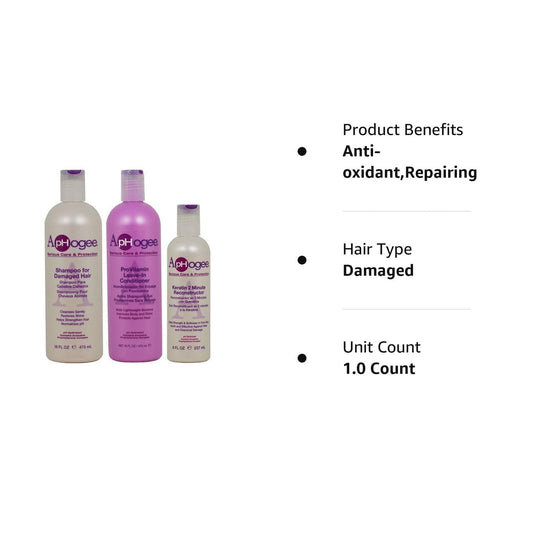 Aphogee Shampoo For Damaged Hair 16 Fl Oz, Provitamin Leave-In Conditioner 16 Fl Oz, Keratin 2 Minute Reconstructor 8 Fl Oz Set