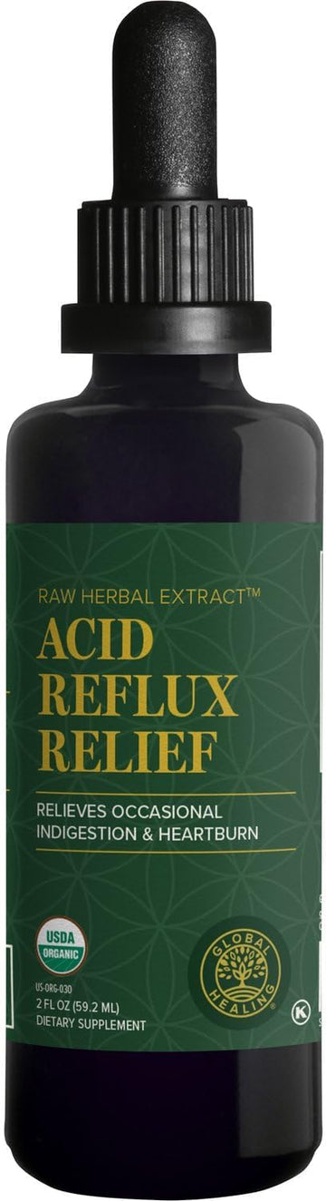 Global Healing Center Acid Reflux Relief Organic Liquid Supplement W/Slippery Elm - Helps Upset Stomach, Heartburn, Indigestion - Supports Body's Defense Against Digestive Issues - 2 Fl oz