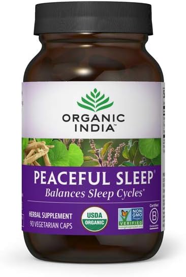 Organic India Peaceful Sleep Herbal Supplement - Supports Sleep Cycles, Vegan, Gluten-Free, USDA Certified Organic, Non-GMO, Supports Energy & Relaxation - 90 Capsules