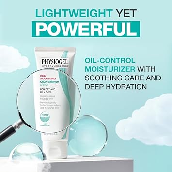 Physiogel Moisturizer Cream, Korean Skin Care, Soothes Irritation & Redness While Controlling Sebum, Cica, Pea, Niacinamide, Panthenol, Non-Comedogenic, Dermatologist-Tested, Lightweight Cream