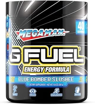 G Fuel Megaman Energy Powder, Sugar Free, Clean Caffeine Focus Supplement, Water Mix, Blue Slushee Flavor, Focus Amino, Vitamin + Antioxidants Blend, 9.8 Oz (40 Servings)