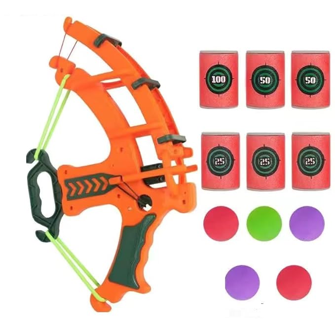 Target Shooting Game for Kids - Archery Toy Set with Bow and Arrow Catapult, 5 EVA Sponge Balls, 6 Target Barrels, Safe Indoor & Outdoor Fun (Orange Bow and Arrow)