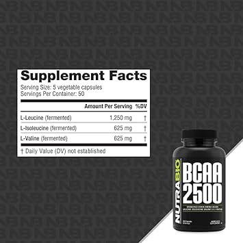 NutraBio – BCAA 2500 – Branched Chain Amino Acids – Support New Muscle Growth and Prevent Muscle Breakdown – 250 Capsules