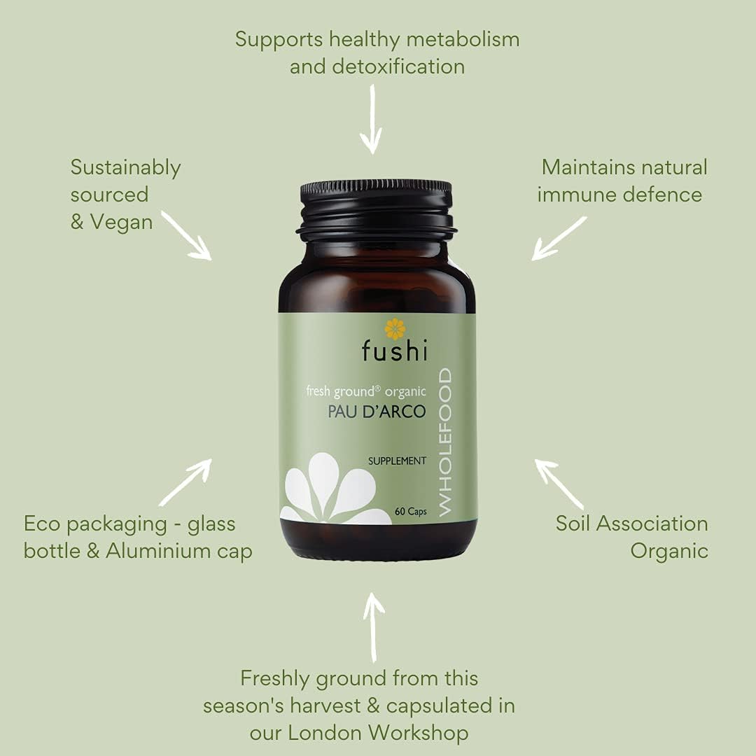 Fushi Organic Pau D’Arco (Handroanthus Impetiginosus) Capsules, 60 Caps | Fresh-Ground Whole Food | Rich In Selenium, Iron, Calcium, Sodium & Vitamins | Vegan & Ethical | Made In The Uk 60 Count (Pack Of 1)