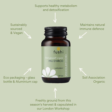 Fushi Organic Pau D’Arco (Handroanthus Impetiginosus) Capsules, 60 Caps | Fresh-Ground Whole Food | Rich In Selenium, Iron, Calcium, Sodium & Vitamins | Vegan & Ethical | Made In The Uk 60 Count (Pack Of 1)