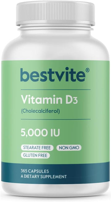 BESTVITE Vitamin D3 5000 IU (365 Capsules) - No Stearates - Non GMO - Gluten Free