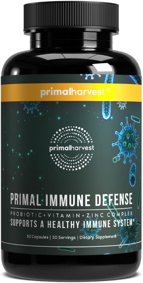 Primal Harvest Primal Immune Defense 10-In-1 Immune Defense Supplement: With 7 Billion Cfu Probiotics, Zinc, Vitamins C, B6, D3, K2 - Immune Boosters For Adults 60 Capsules (1 Pack)