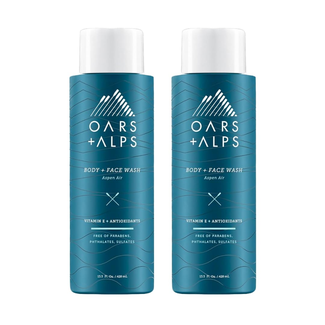 Oars + Alps Mens Moisturizing Body and Face Wash, Skin Care Infused with Vitamin E and Antioxidants, Sulfate Free, Aspen Air, 2 Pack
