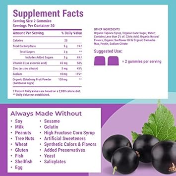 Hyland'S Organic Elderberry Plus Gummies, Organic Black Elderberry With Zinc And Vitamin C, Immune Support Supplement For Adults, 60 Vegan Gummies (30 Days)