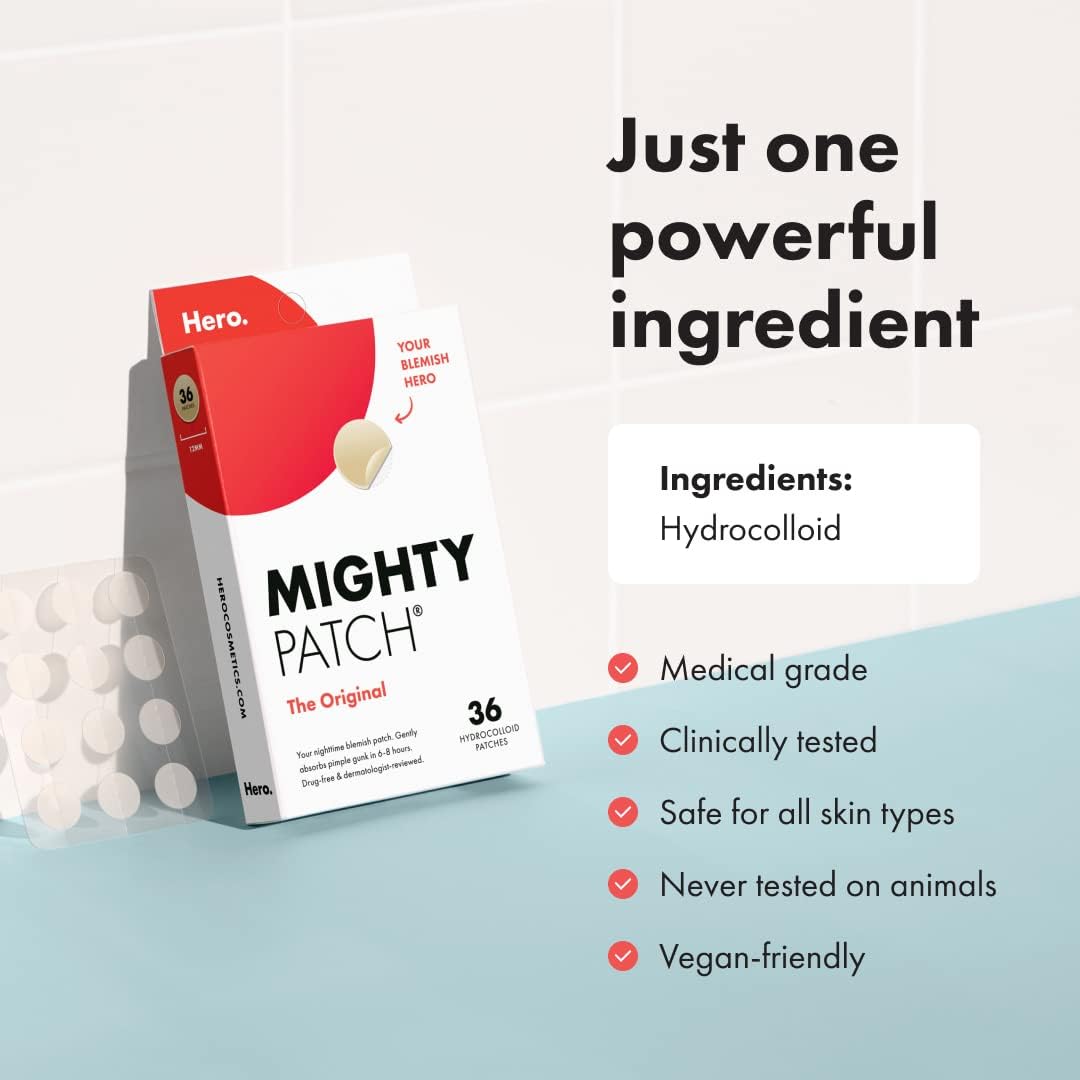 Mighty Patch™ Original patch from Hero Cosmetics - Hydrocolloid Acne Pimple Patch for Covering Zits and Blemishes in Face and Skin, Vegan-friendly and Not Tested on Animals (36 Count) : Beauty & Personal Care