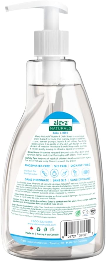 Aleva Naturals Hypoallergenic Bottle and Dishwash Liquid, Plant-Based & Fragrance-Free Formula, Dish Soap to Clean Baby Feeding Cups, Breast Pumps - 500 ml, 16.91 Fl Oz