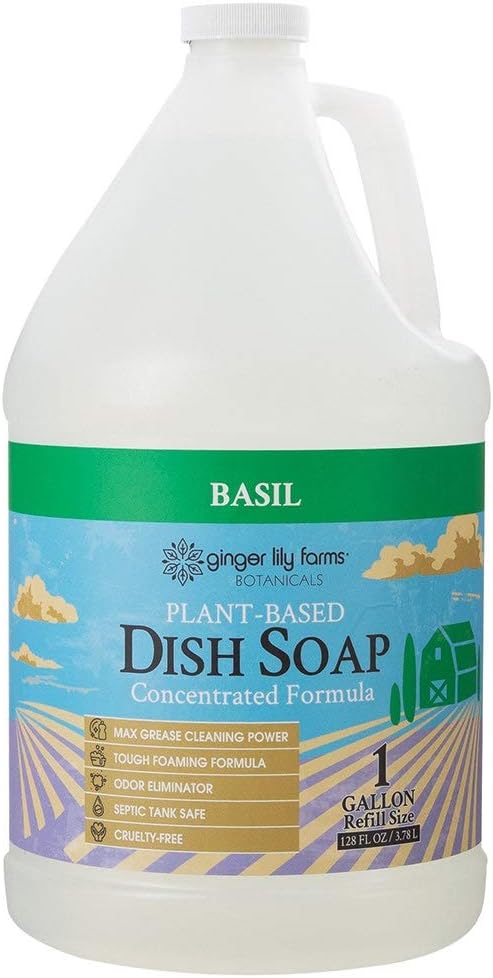 Ginger Lily Farms Botanicals Plant-Based Liquid Dish Soap, Concentrated Formula with Max Grease Cleaning Power, Cruelty-Free, Basil Scent, 1 Gallon Refill (128 Fl. Oz.)