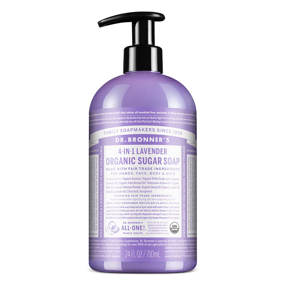 Dr. Bronner's - Organic Sugar Soap (Lavender, 24 Ounce) - Made with Organic Oils, Sugar & Shikakai Powder, 4-in-1 Uses: Hands, Body, Face & Hair, Cleanses, Moisturizes & Nourishes, Vegan