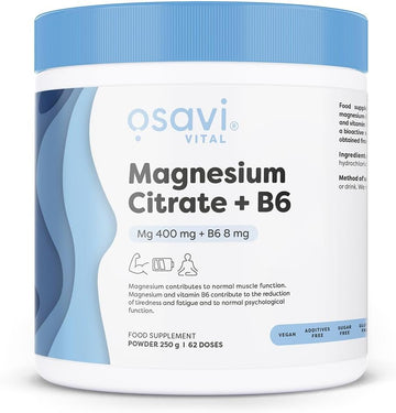 Osavi Magnesium Citrate + B6, Powder – 250 G Powder | Supports Energy Metabolism, Muscle Function & Nervous System | Highly Absorbable Magnesium Citrate With Vitamin B6 For Stress Relief & Vitality