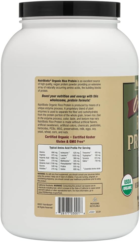 NutriBiotic Certified Organic Rice Protein Plain, 3  | Low Carbohydrate Vegan Protein Powder | Raw, Certified Kosher & Keto Friendly | Made without Chemicals, GMOs & Gluten | Easy to Digest