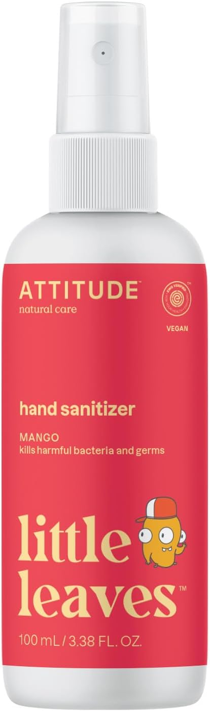 ATTITUDE Hand Sanitizer Spray for Kids, Perfect Travel Size Format, Kills Bacteria and Germs, Vegan and Cruelty-Free, Mango, 3.5 Fl Oz