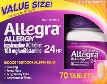 Allegra Adult 24Hr Non-Drowsy Antihistamine, 70 Tablets, Fast-Acting Allergy Symptom Relief, 180 Mg