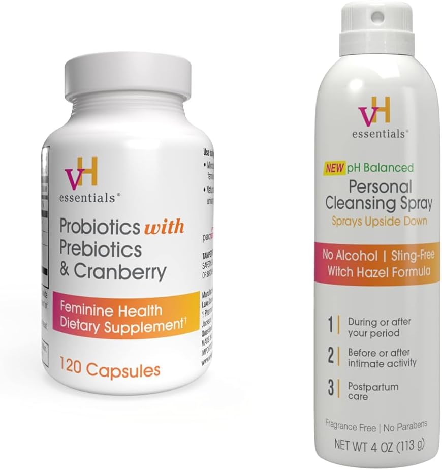 vH essentials Probiotics with Prebiotics and Cranberry Feminine Health Supplement - 120 Capsules and Personal Cleansing Spray Bundle