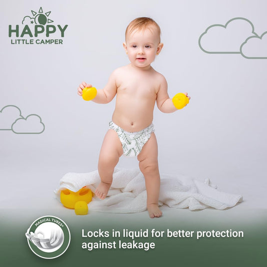 Happy Little Camper Ultra-Absorbent Natural Baby Diapers Size 1 - Hypoallergenic & Chlorine-Free Disposable Diapers Safe For Sensitive Skin - Unscented Newborn Diapers - 36 Count
