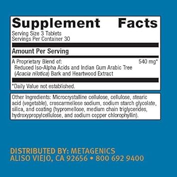 Metagenics Insinase - 540 Mg - Healthy Metabolism Supplement - With Tetrahydro Iso-Alpha Acids, Heartwood Extract & Indian Gum Arabic Tree Bark - Gluten-Free & Vegetarian - 30 Servings