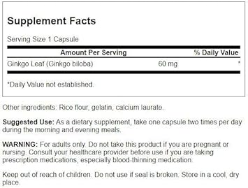 Swanson Full-Spectrum Ginkgo Leaf Brain Memory Support Nervous System Health 60 Milligrams 120 Capsules