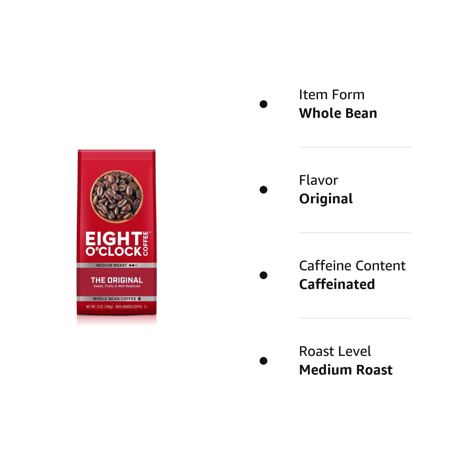 Eight O'Clock Coffee The Original, 12 Ounce (Pack of 6) Medium Roast Whole Bean Coffee, 100% Arabica, Sweet, Fruity, Balanced : Roasted Coffee Beans : Grocery & Gourmet Food