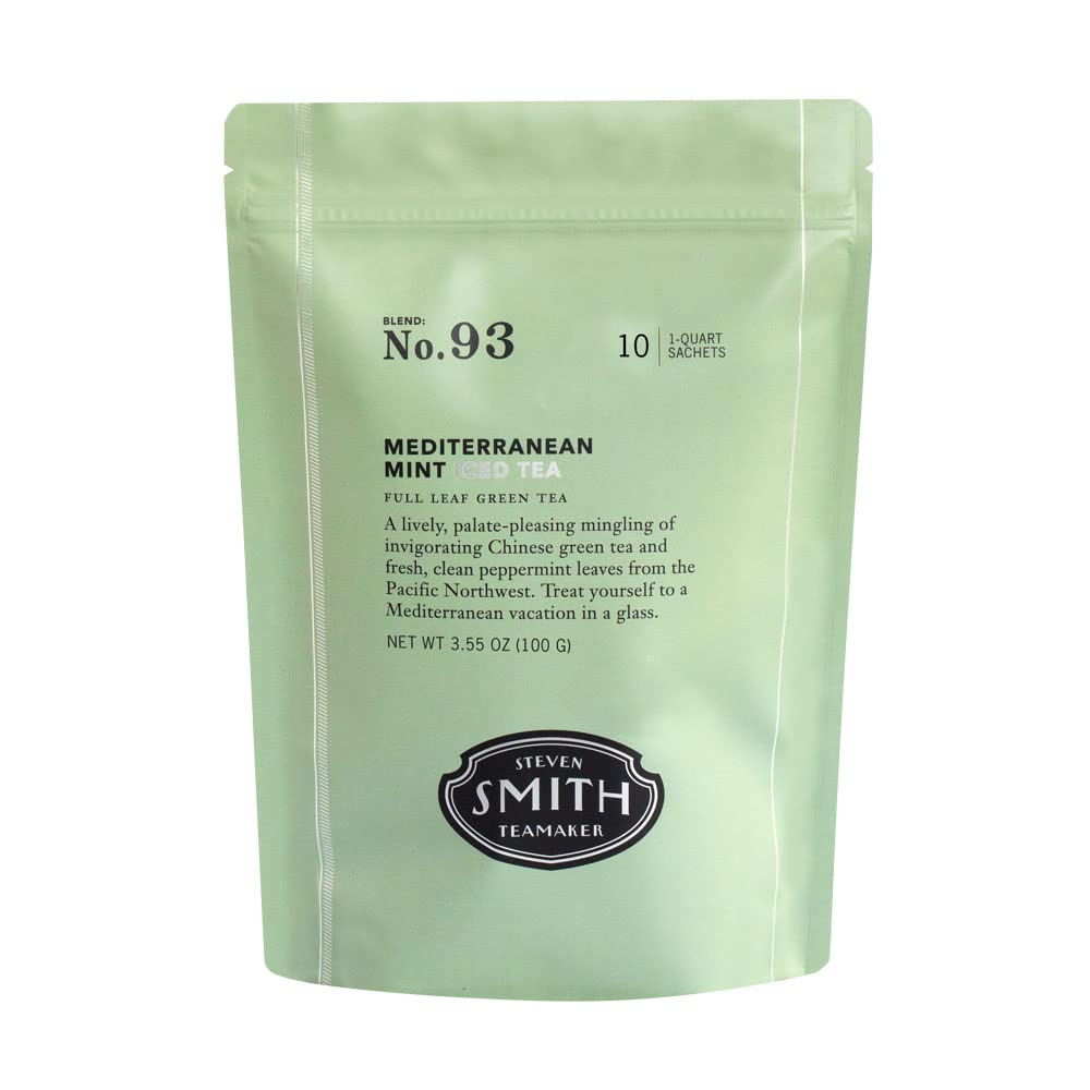Smith Teamaker Mediterranean Mint Iced Tea No. 93, Refreshing, Caffeinated, Sustainably Grown Organic Full Leaf Green Iced Tea, 10 Count, 1 Quart Sachets