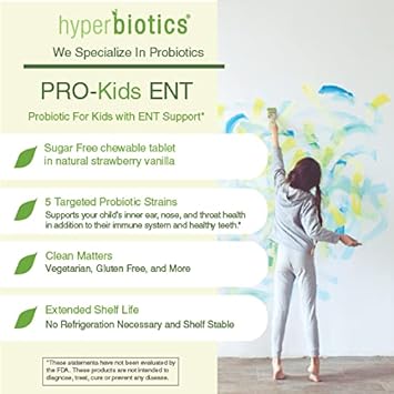Hyperbiotics ENT Probiotic for Kids | Vegan Kids Probiotic for Ears, Nose & Throat | Strawberry Vanilla Flavored Chewable Probiotic | Digestive Health & Immune Support | Sugar Free | 45 Count