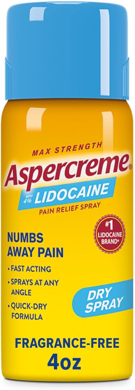 Aspercreme Lidocaine Dry Spray Soothes Aggravated Nerves, Numbing Topical Pain Relief Spray With Max-Strength 4% Lidocaine Sprays At Any Angle, 4 Oz