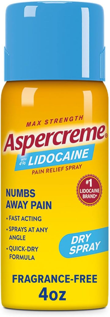 Aspercreme Lidocaine Dry Spray Soothes Aggravated Nerves, Numbing Topical Pain Relief Spray With Max-Strength 4% Lidocaine Sprays At Any Angle, 4 Oz