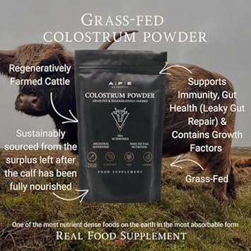 Ape Nutrition Colostrum Powder Grass Fed - Bovine Colostrum, Gut & Immune Health, Leaky Gut Repair, Ancestral Health, Nose To Tail, 100% Grass Fed & Finished, 150G Jar (30 Servings)