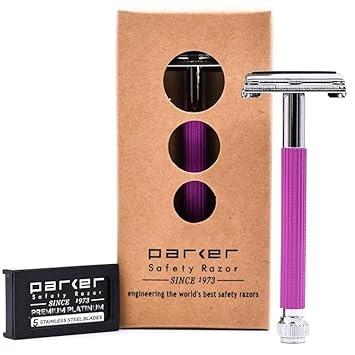 Parker 29L Blue, Long Handle Butterfly Open Double Edge Safety Razor For Men & Women, 5 Parker Premium Platinum Double Edge Razor Blades Included