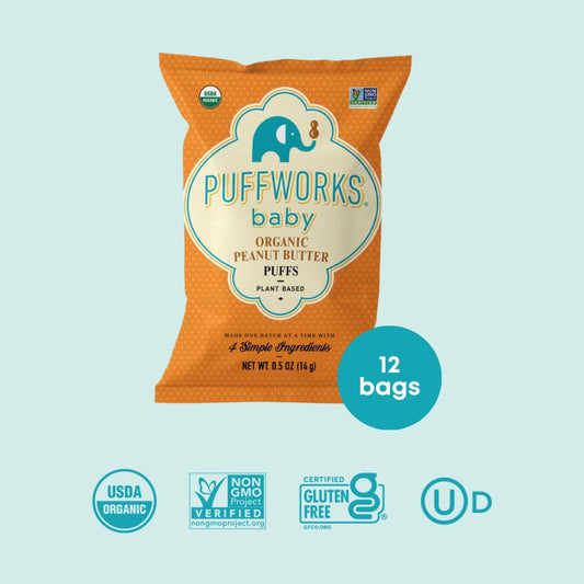 Puffworks Baby Organic Peanut Butter Puffs, Perfect For Early Peanut Introduction, Plant-Based Protein, Usda Organic, Gluten-Free, Vegan, Non-Gmo, Kosher, 0.5 Ounce (Pack Of 12)