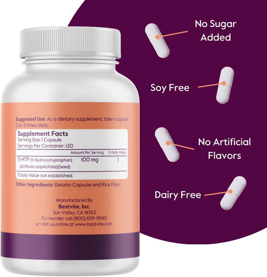 Bestvite 5-Htp 100Mg (240 Capsules) (120 X 2) - No Stearates Or Flow Agents - Gluten Free - Non Gmo