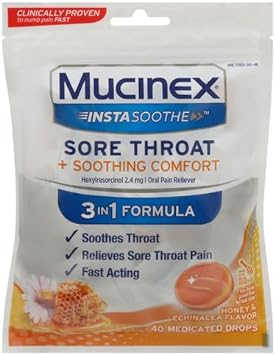 Mucinex InstaSoothe Sore Throat + Soothing Comfort Honey & Echinacea Flavor, Fast Acting, Powerful Sore Throat Oral Pain Reliever, 40 Medicated Drops