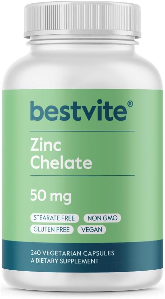Bestvite Zinc Chelate 50Mg (240 Vegetarian Capsules) - No Stearates - No Dicalcium Phosphate - Vegan - Non Gmo - Gluten Free