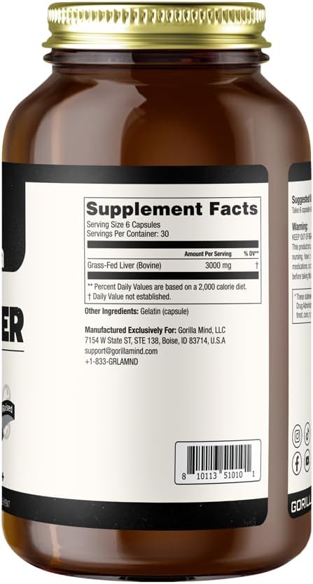 Gorilla Mind Grass-Fed Argentinian Beef Liver - Nature’s Multivitamin/Beef Liver Supplement in Freeze Dried Capsules/Pasture Raised/Hormone Free/Each Serving Equals 1 oz of Beef Liver