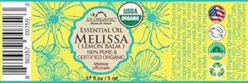 US Organic 100% Pure Melissa (Lemon Balm/Sweet Balm) Essential Oil - USDA Certified Organic, Steam Distilled - W/Euro Dropper (5 ml / 1/6 fl oz)