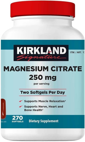 Kirkland Signature Magnesium Citrate 250mg, Supports Muscle Relaxation, Nerve, Heart and Bone Health, 270 Softgels