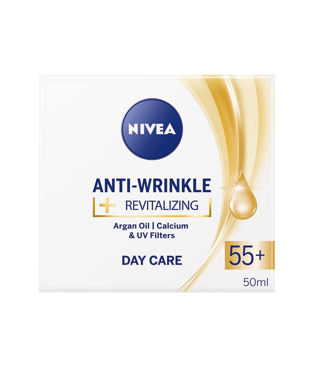 Nivea Anti-Wrinkle + Revitalizing Day Care Face Cream Anti-Aging 55+ With Argan Oil, Calcium And Uv Filters 50 Ml / 1.69 Oz