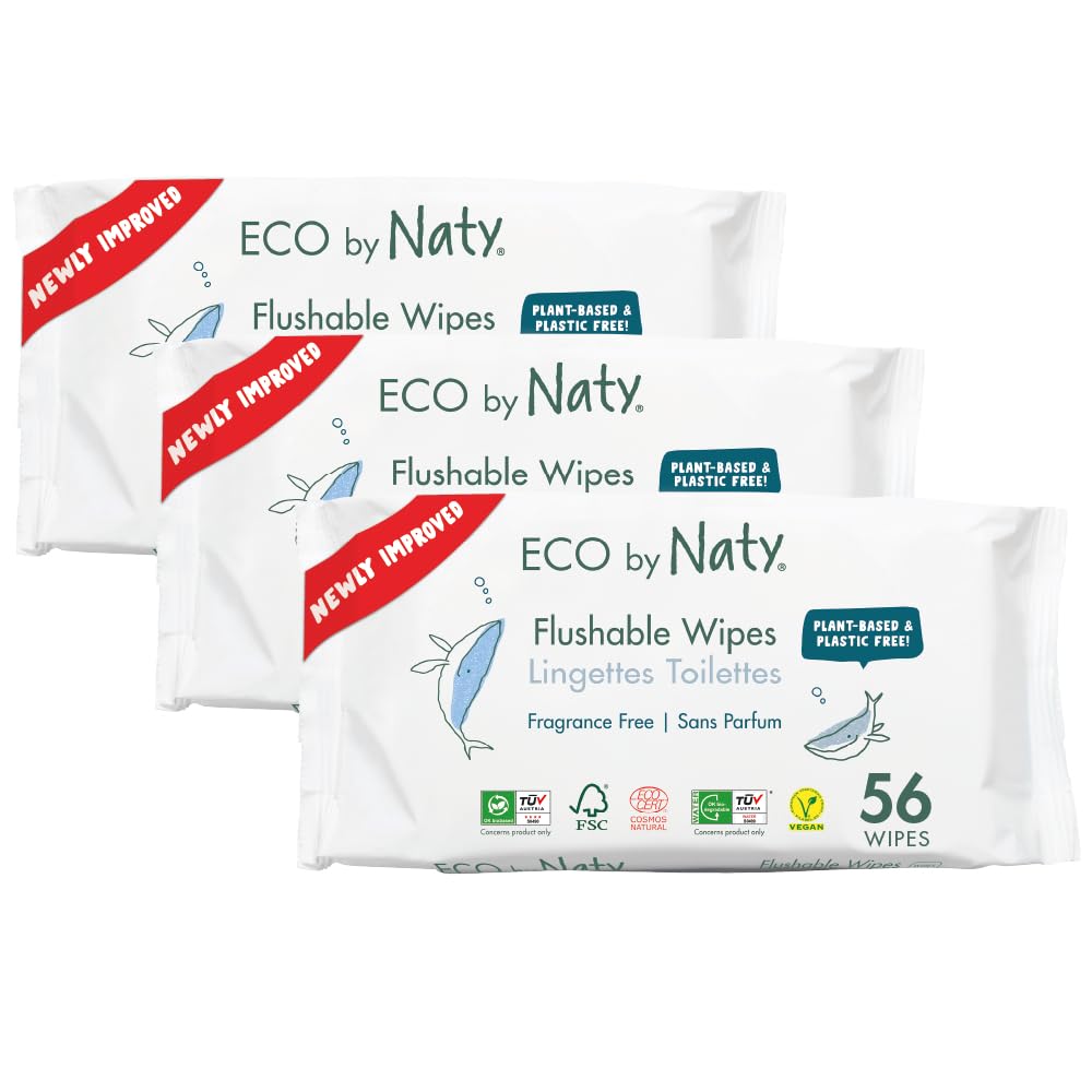 Eco by Naty Flushable Baby Wipes - Compostable and Plant-Based Wipes, Chemical-Free and Hypoallergenic Baby Wipes Safe for Baby Sensitive Skin, 56 Wipes Per Pack (3 Pk)