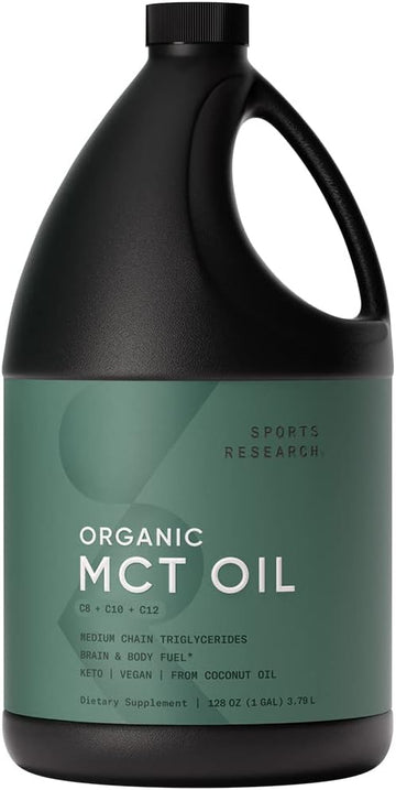 Sports Research Organic Mct Oil - Keto & Vegan Mcts C8, C10, C12 From Coconuts - Fatty Acid Brain & Body Fuel, Non-Gmo & Gluten Free - Flavorless Oil, Perfect In Coffee, Tea & Protein Shakes - 128 Oz