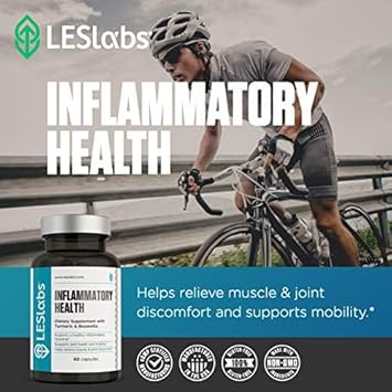 LES Labs Inflammatory Health – Joint Support, Muscle Function & Relaxation, Mobility– Turmeric, Boswellia, Quercetin, Ginger & CoQ10 – Non-GMO Supplement – 60 Capsules : Health & Household