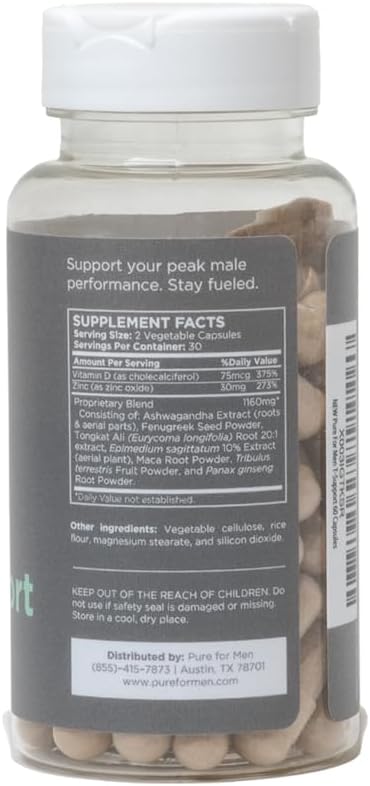 Pure For Men T-Support Supplement | Vegetarian Total Support For Men With Maca, Vitamin D, & Ashwagandha, Muscle Health | Endurance, Strength, Focus, & Energy Support | 60 Capsules