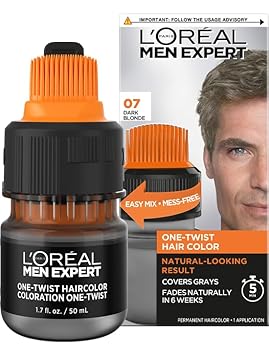 L’Oreal Paris Men Expert One Twist Mess Free Permanent Hair Color, Mens Hair Dye To Cover Grays, Easy Mix Ammonia Free Application, Dark Blonde 07, 1 Application Kit