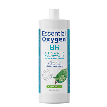 Essential Oxygen Certified Br Organic Brushing Rinse, All Natural Mouthwash For Whiter Teeth, Fresher Breath, And Happier Gums, Alcohol-Free Oral Care, Peppermint, 32 Ounce