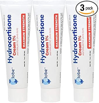 Globe (3 Pack Hydrocortisone Maximum Strength Cream 1%, Anti-Itch Cream For Redness, Swelling, Itching, Rash, Bug/Mosquito Bites, Eczema, Hemorrhoids & More