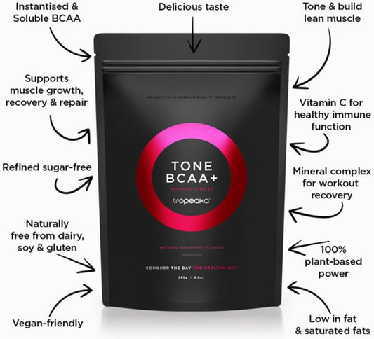 Tropeaka Tone Bcaa+ Powder - Bcaa Pre Workout Energy Powder For Muscle Growth, Recovery & Endurance, Rehydrating Post Workout Recovery, Vegan, Non-Gmo - 8.8Oz (16.5 Servings)