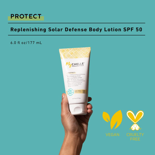 MyCHELLE Dermaceuticals Replenishing Solar Defense Body Lotion SPF 50 (6 Fl Oz) - Moisturizing Reef Safe Sunscreen with Coconut Oil and Shea Butter - Water Resistant for 80 Minutes