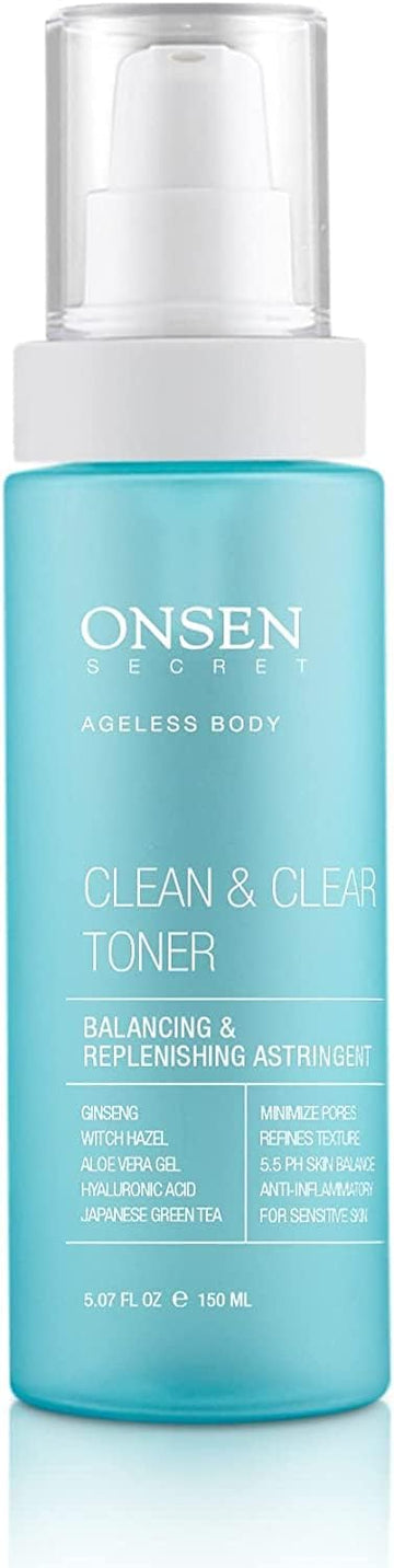 Onsen Secret Clean & Clear Face Toner - Balancing & Replenishing Astringent Daily Perfecting & Revitalizing Toner W/Witch Hazel, Aloe Vera, Green Tea, Alcohol-Free, Skin Care Toner For Face